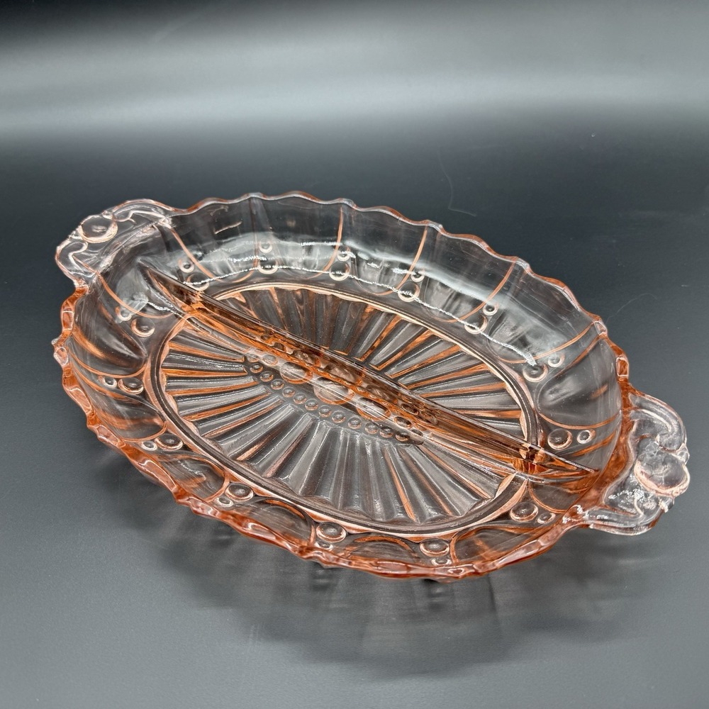 Vintage Anchor Hocking Oyster & Pearl Pink Depression Glass Divided Relish Dish